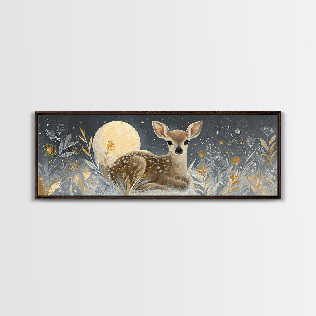 Baby Deer in Meadow with Fireflies Canvas Print, Nursery Decor, Modern Decor, Fine Art, Nursery, Wall Decor, Art Print, NDE-3x1-14