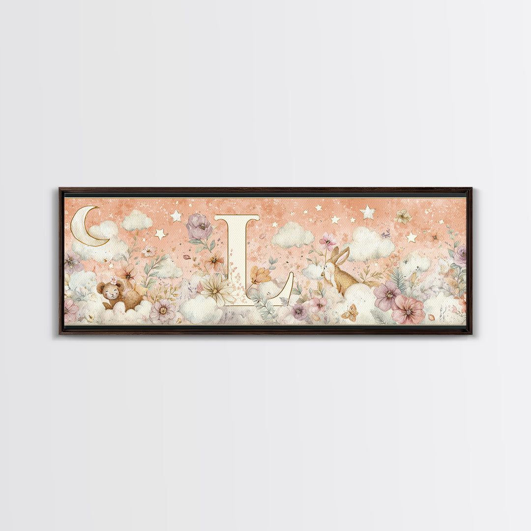Soft Floral Initial Frame Without Letters Canvas Print, Nursery Decor, Woodland Nursery Decor, Nursery, Nursery Wall Decal, NDE-3x1-26
