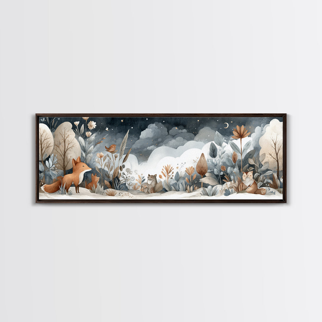 Fox and Owl Friends Canvas Print, Nursery Decor, Canvas, Fine Art, Nursery, Playroom Decor, Floral Wall Art, Botanical Wall Art, NDE-3x1-30