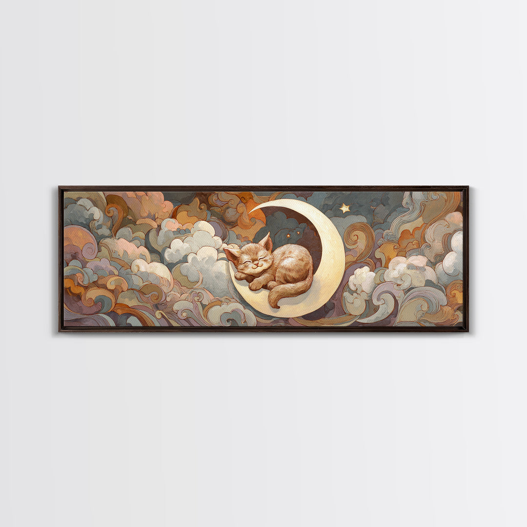 Sleeping Kitten on Crescent Moon Canvas Print, Nursery Decor, Wall Light, Fine Art, Nursery, Statement Artwork, Boho Decor, NDE-3x1-33