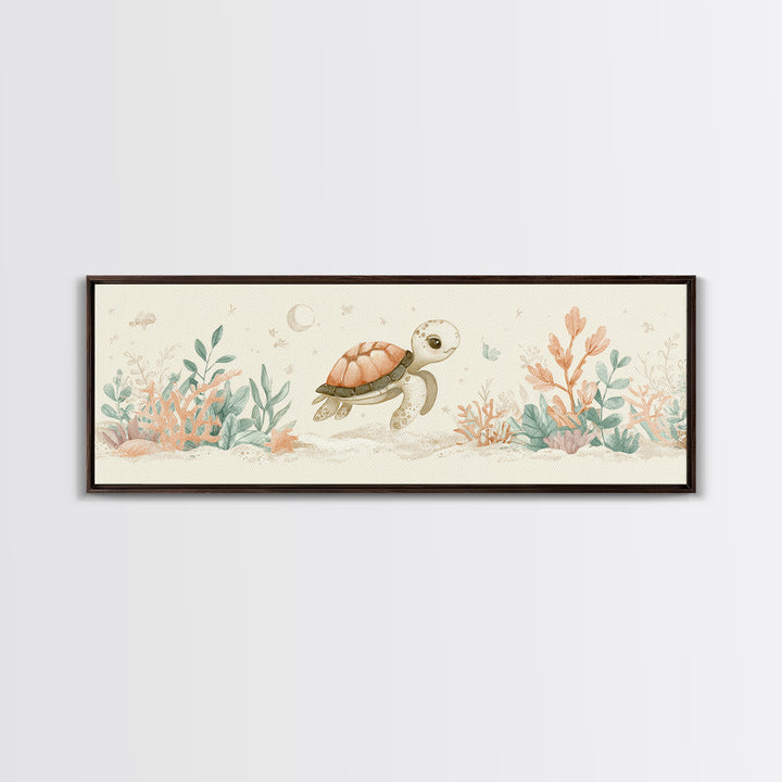 Tiny Turtle with Sea Plants Canvas Print, Nursery Decor, Minimalist Decor, Fine Art, Nursery, Wall Decals, Nursery Wall Decor, NDE-3x1-35