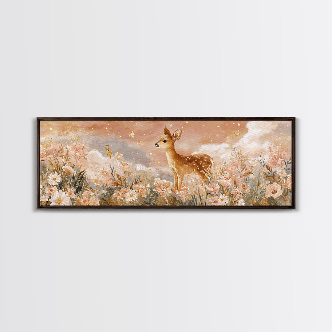 Baby Deer in Meadow with Fireflies Canvas Print, Nursery Decor, Nursery Wall Decor, Oil Painting, Nursery, Nursery Name Sign, NDE-3x1-38