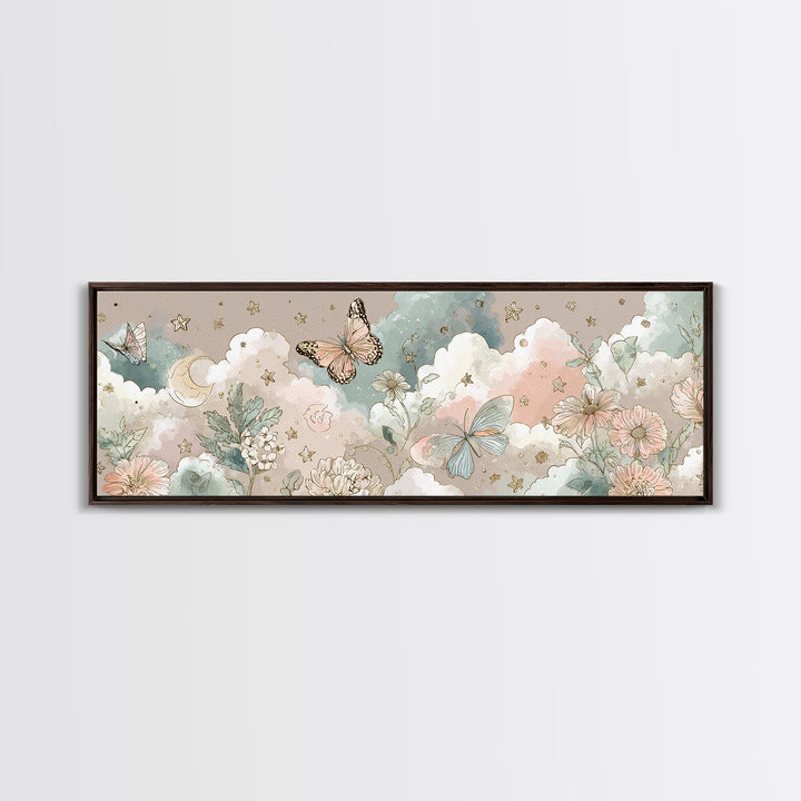 Pastel Butterfly and Wildflower Pattern Framed Canvas Print, Nursery Decor, Minimalist Decor, Oil Painting, Nursery, NDE-3x1-56