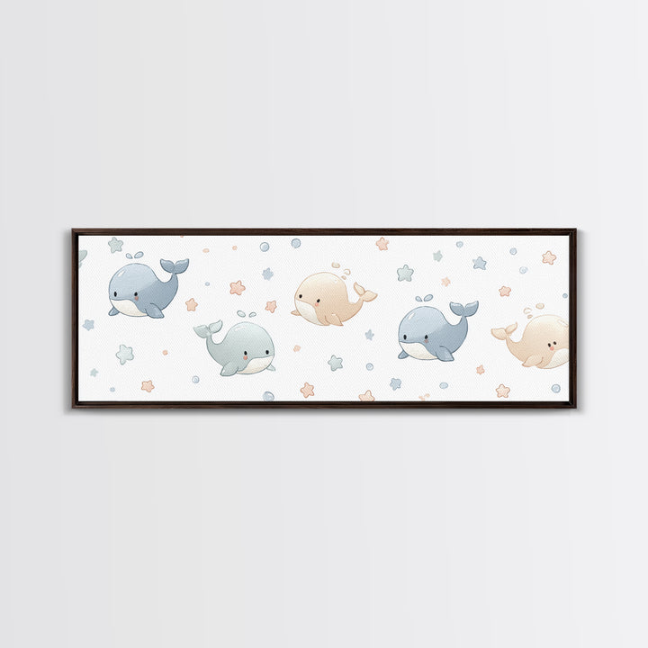 Baby Whale Swimming Through Stars Framed Canvas Print, Nursery Decor, Wall Decor, Fine Art, Nursery, Woodland Nursery Decor, NDE-3x1-72