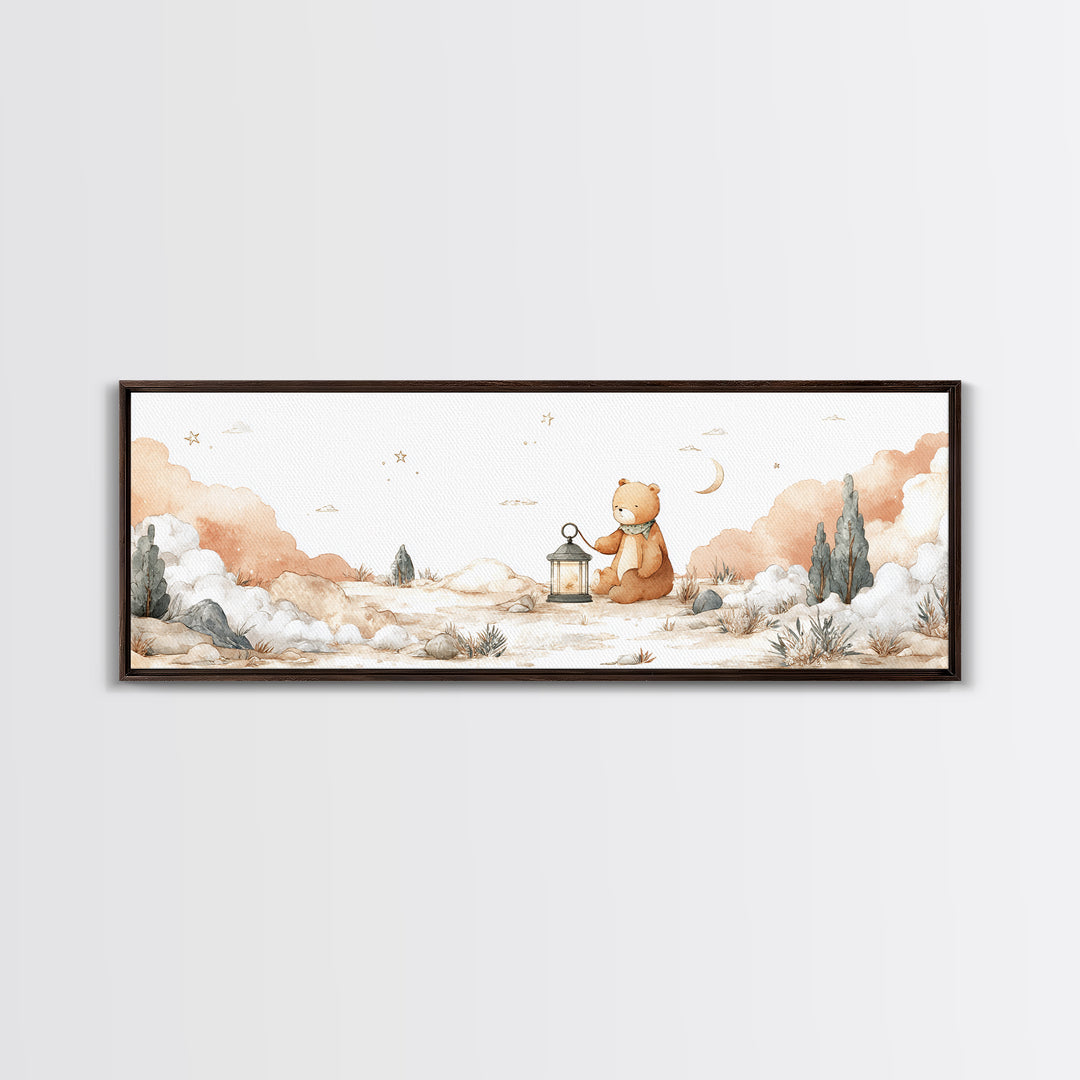 Storybook Bear with Little Lantern Framed Canvas Print, Nursery Decor, Neutral Decor, Fine Art, Nursery, Home Decor, Wall Decor, NDE-3x1-73