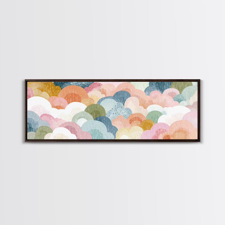 Cloud Rainbow and Raindrop Composition Framed Canvas Print, Nursery Decor, Canvas, Fine Art, Nursery, Playroom Decor, NDE-3x1-84