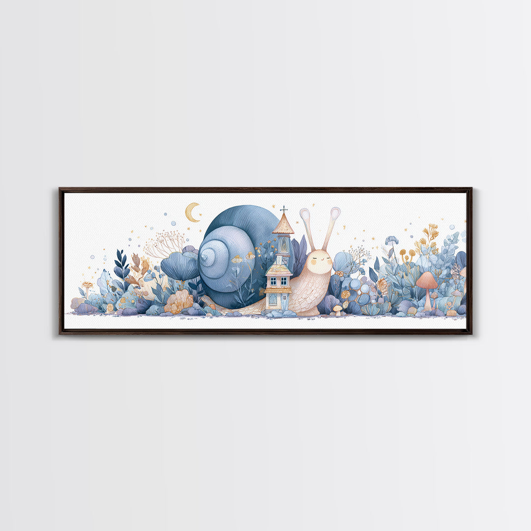 Garden Snail with Mushroom House Framed Canvas Print, Nursery Decor, Nursery, Fine Art, Nursery, Baby Girl Nursery Decor, NDE-3x1-87