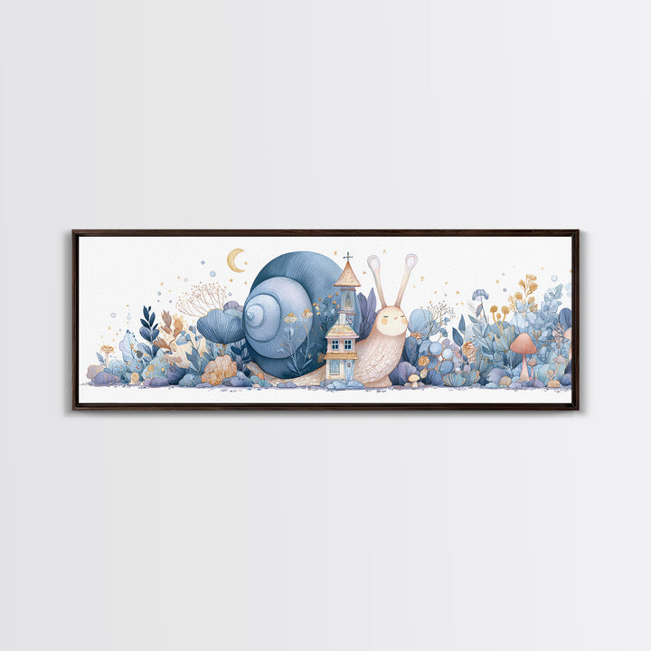 Garden Snail with Mushroom House Framed Canvas Print, Nursery Decor, Nursery, Fine Art, Nursery, Baby Girl Nursery Decor, NDE-3x1-87