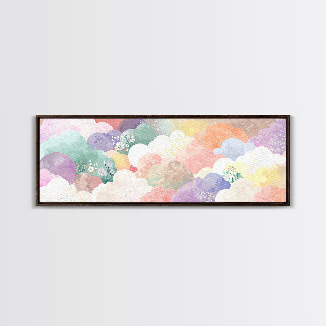 Pastel Rainbow with Soft Cloud Shapes Framed Canvas Print, Nursery Decor, Boho Decor, Fine Art, Nursery, Nursery Wall Art, NDE-3x1-89