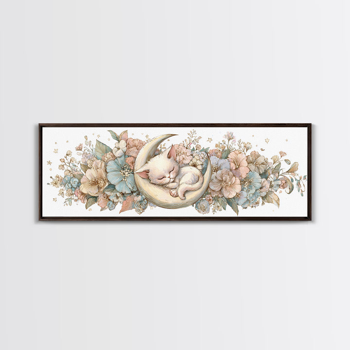 Sleeping Kitten on Crescent Moon Framed Canvas Print, Nursery Decor, Nursery Prints, Fine Art, Nursery, Nursery Wall Decal, NDE-3x1-9