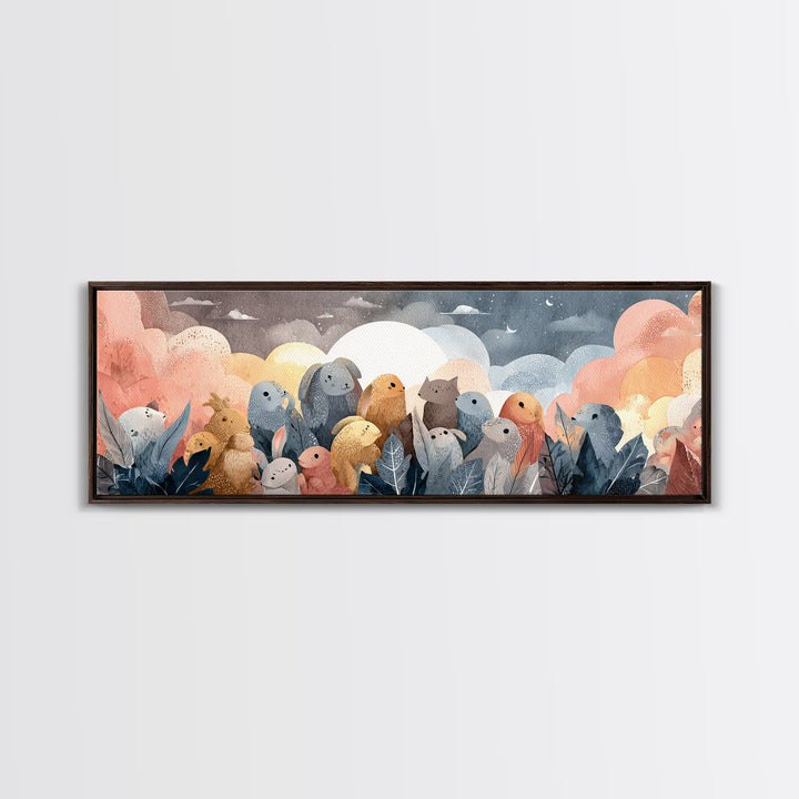 Woodland Animal Parade Framed Canvas Print, Nursery Decor, Nursery Name Sign, Fine Art, Nursery, Luxury Decor, Room Decor, NDE-3x1-90
