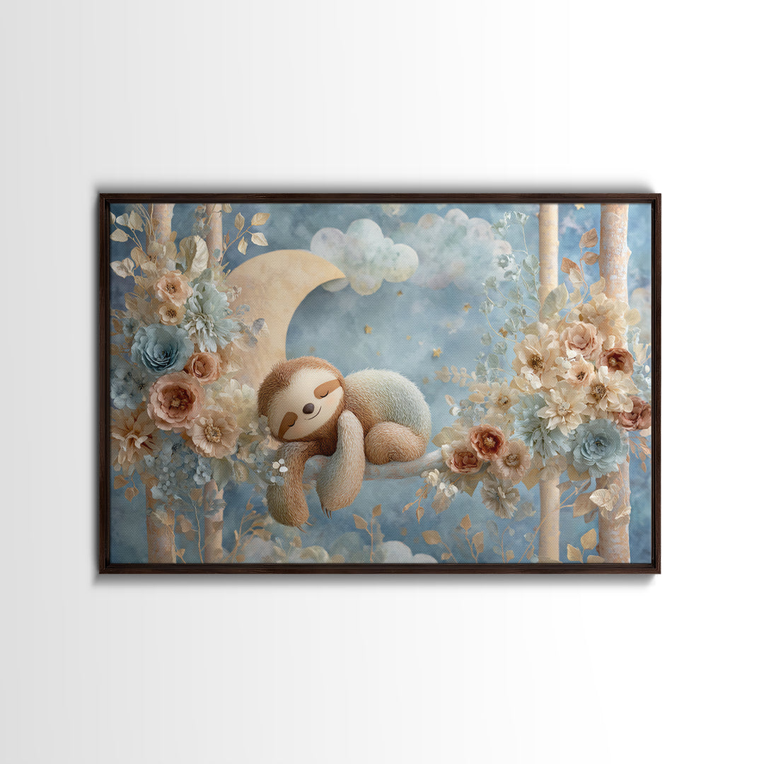 Sleepy Sloth Hanging from Branch Framed Canvas Print, Nursery Decor, Playroom Decor, Oil Painting, Nursery, Boy Nursery Decor, NDE-3x2-10