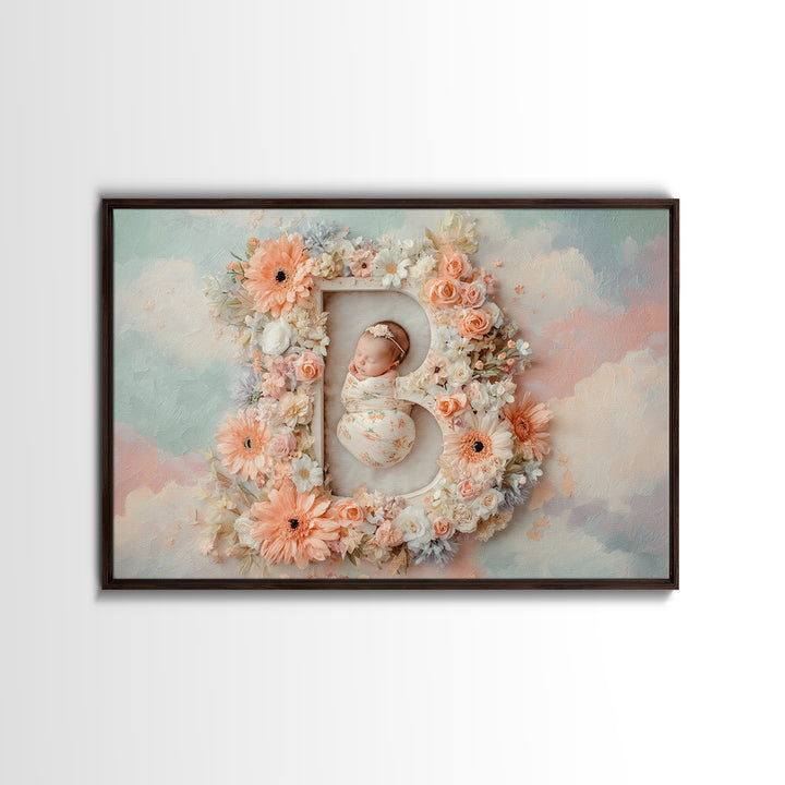 Soft Floral Initial Frame Without Letters Framed Canvas Print, Nursery Decor, Nursery Wall Decor, Oil Painting, Nursery, NDE-3x2-14