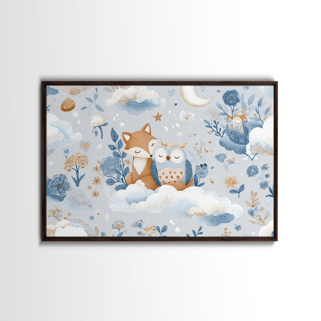 Fox and Owl Friends Framed Canvas Print, Nursery Decor, Nursery Art, Fine Art, Nursery, Kids Wall Art, Nursery Wall Decals, NDE-3x2-18