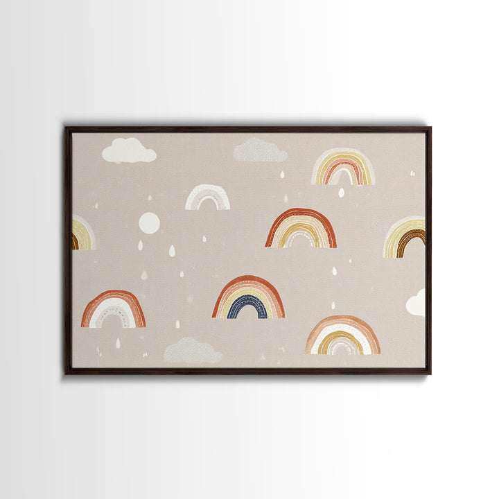 Cloud Rainbow and Raindrop Composition Framed Canvas Print, Nursery Decor, Nursery Name Sign, Fine Art, Nursery, Luxury Decor, NDE-3x2-24