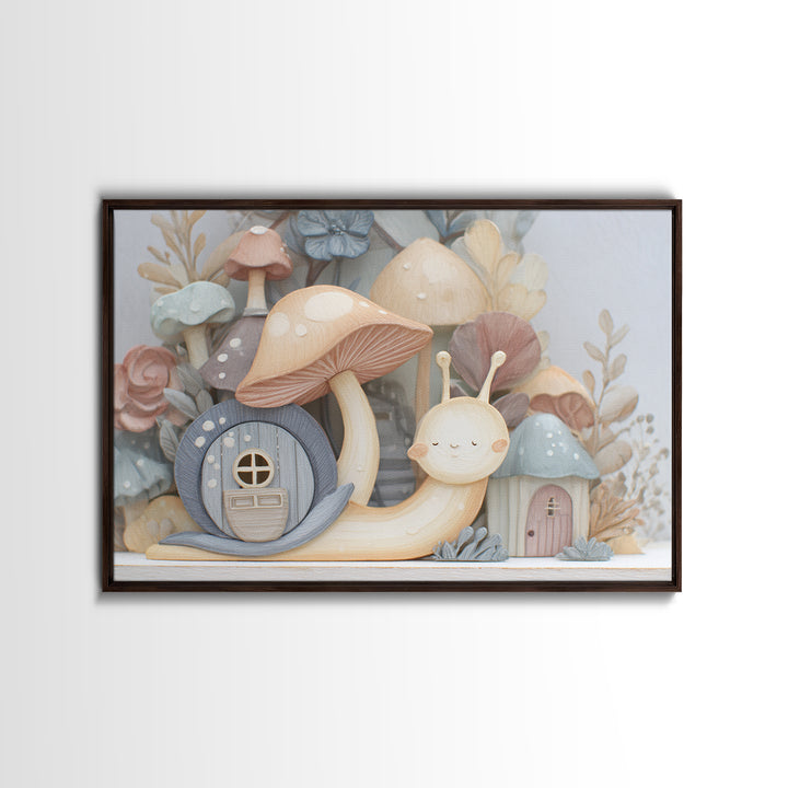 Garden Snail with Mushroom House Framed Canvas Print, Nursery Decor, Gallery Decor, Fine Art, Nursery, Wall Art, Home Decor, NDE-3x2-27