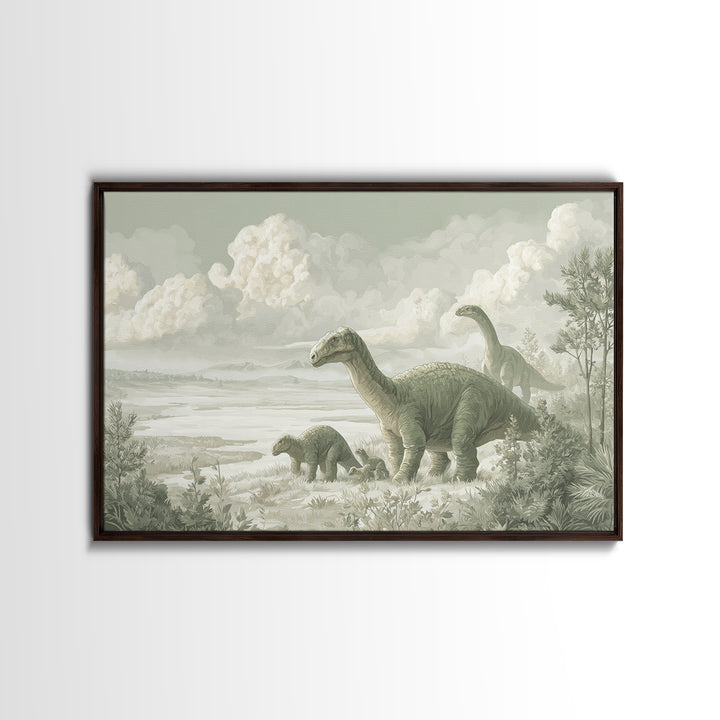 Gentle Dinosaur Family Framed Canvas Print, Nursery Decor, Room Decor, Fine Art, Nursery, Framed Wall Art, Bedroom Decor, NDE-3x2-35