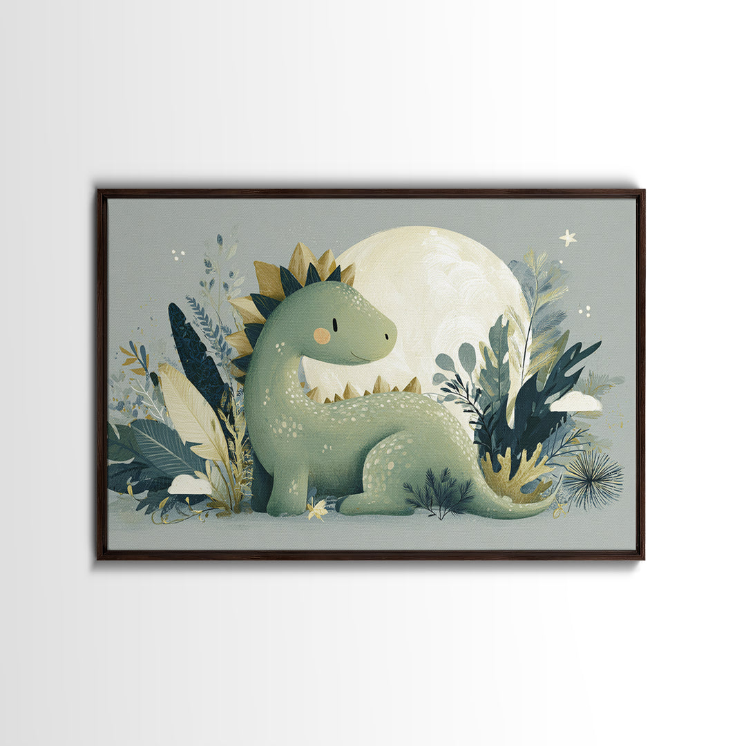 Gentle Dinosaur Family Framed Canvas Print, Nursery Decor, Nursery Wall Art, Oil Painting, Nursery, Botanical Wall Art, NDE-3x2-59