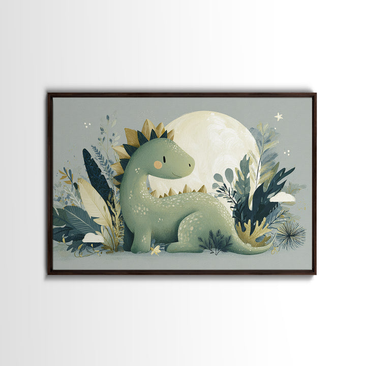 Gentle Dinosaur Family Framed Canvas Print, Nursery Decor, Nursery Wall Art, Oil Painting, Nursery, Botanical Wall Art, NDE-3x2-59