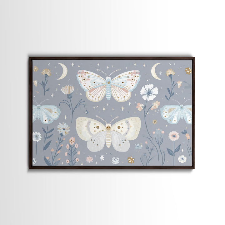 Pastel Butterfly and Wildflower Pattern Canvas Print, Nursery Decor, Minimalist Decor, Oil Painting, Nursery, Wall Decals, NDE-3x2-68
