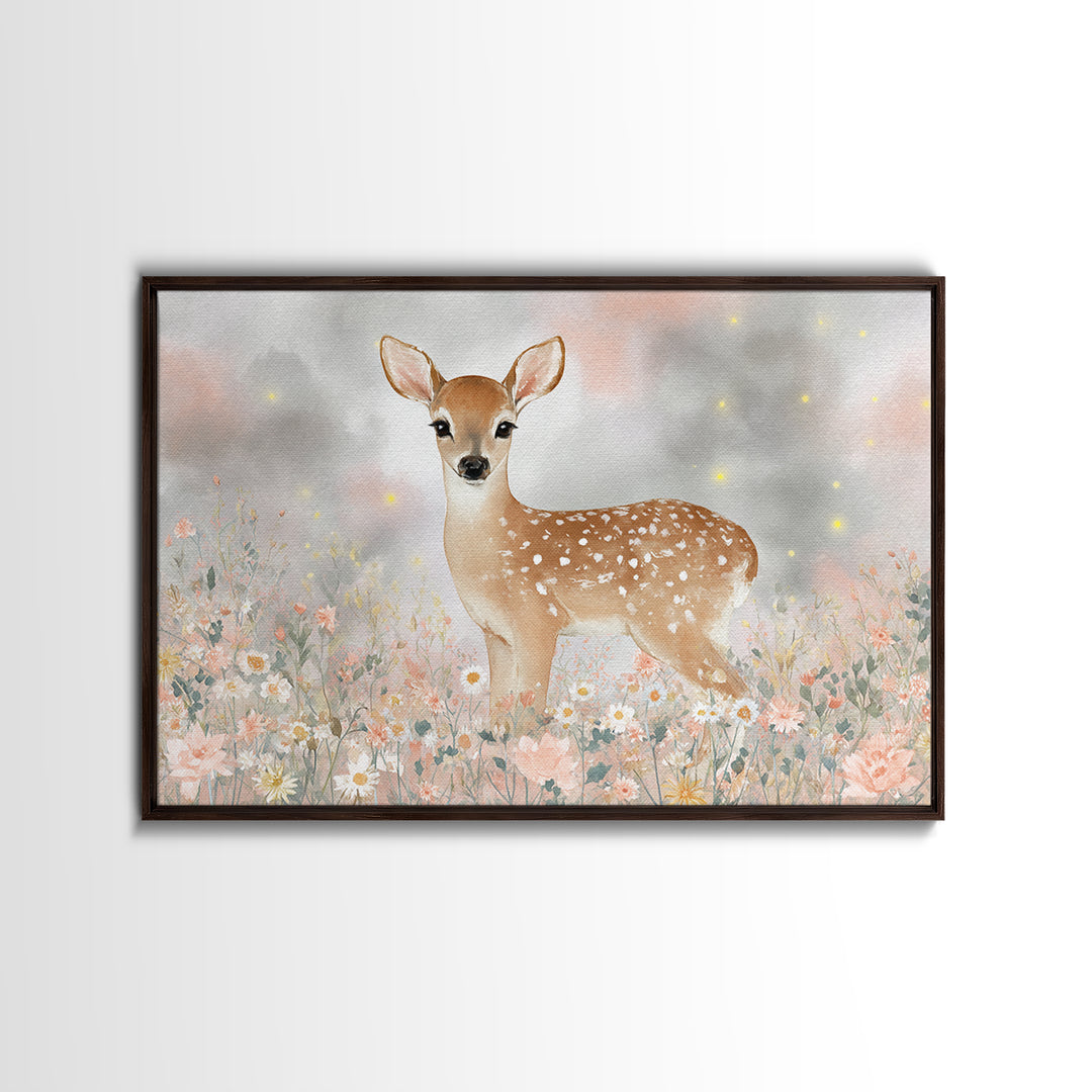 Baby Deer in Meadow with Fireflies Framed Canvas Print, Nursery Decor, Floral Wallpaper, Fine Art, Nursery, Fine Art Print, NDE-3x2-74