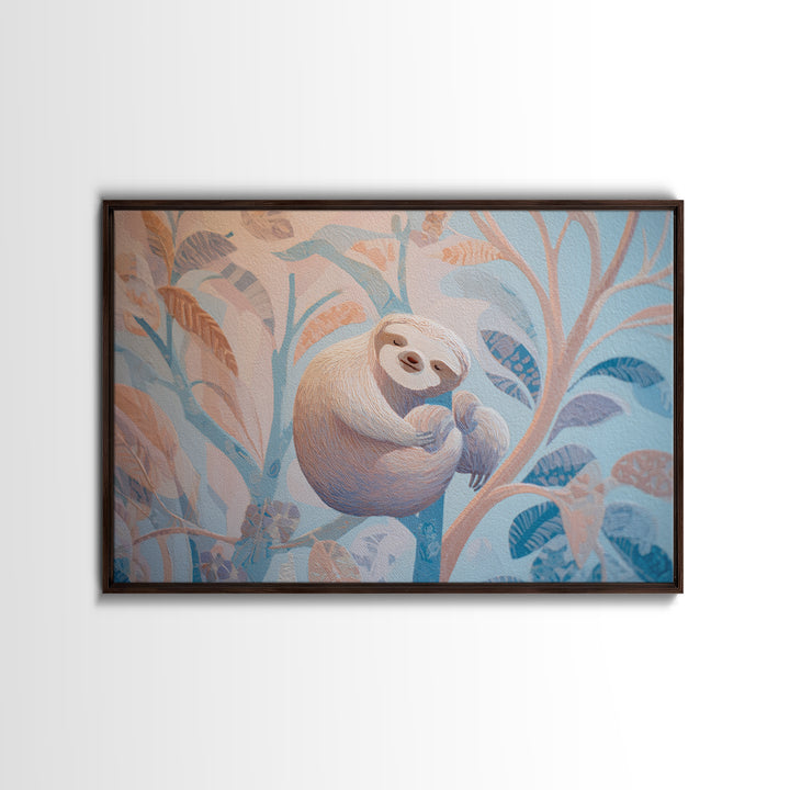 Sleepy Sloth Hanging from Branch Framed Canvas Print, Nursery Decor, Nursery Wall Decal, Watercolor Art, Nursery, NDE-3x2-82