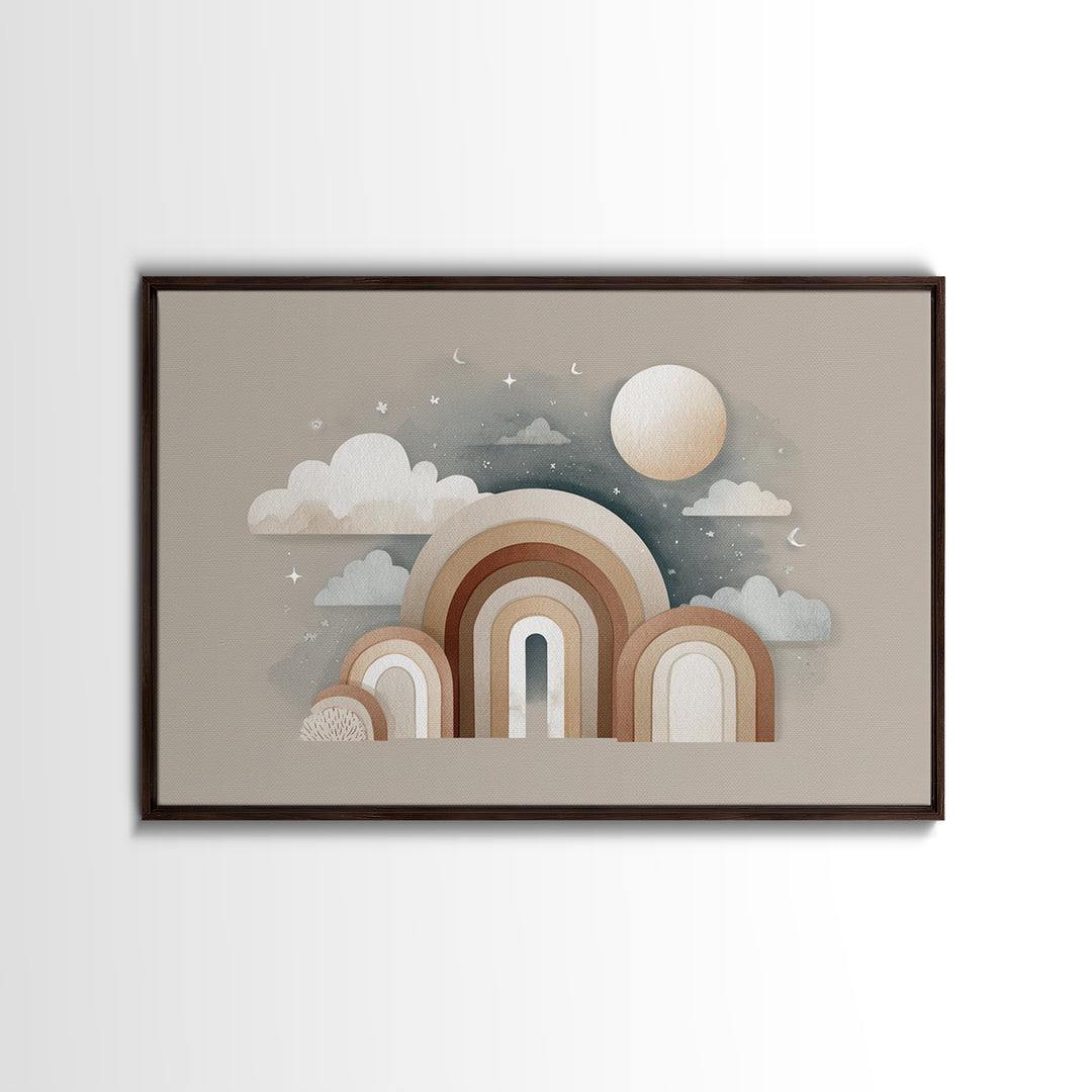 Neutral Boho Sun and Arch Shapes Framed Canvas Print, Nursery Decor, Wall Decor, Fine Art, Nursery, Woodland Nursery Decor, NDE-3x2-87
