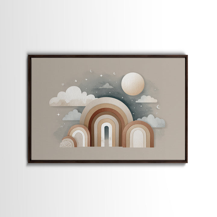 Neutral Boho Sun and Arch Shapes Framed Canvas Print, Nursery Decor, Wall Decor, Fine Art, Nursery, Woodland Nursery Decor, NDE-3x2-87