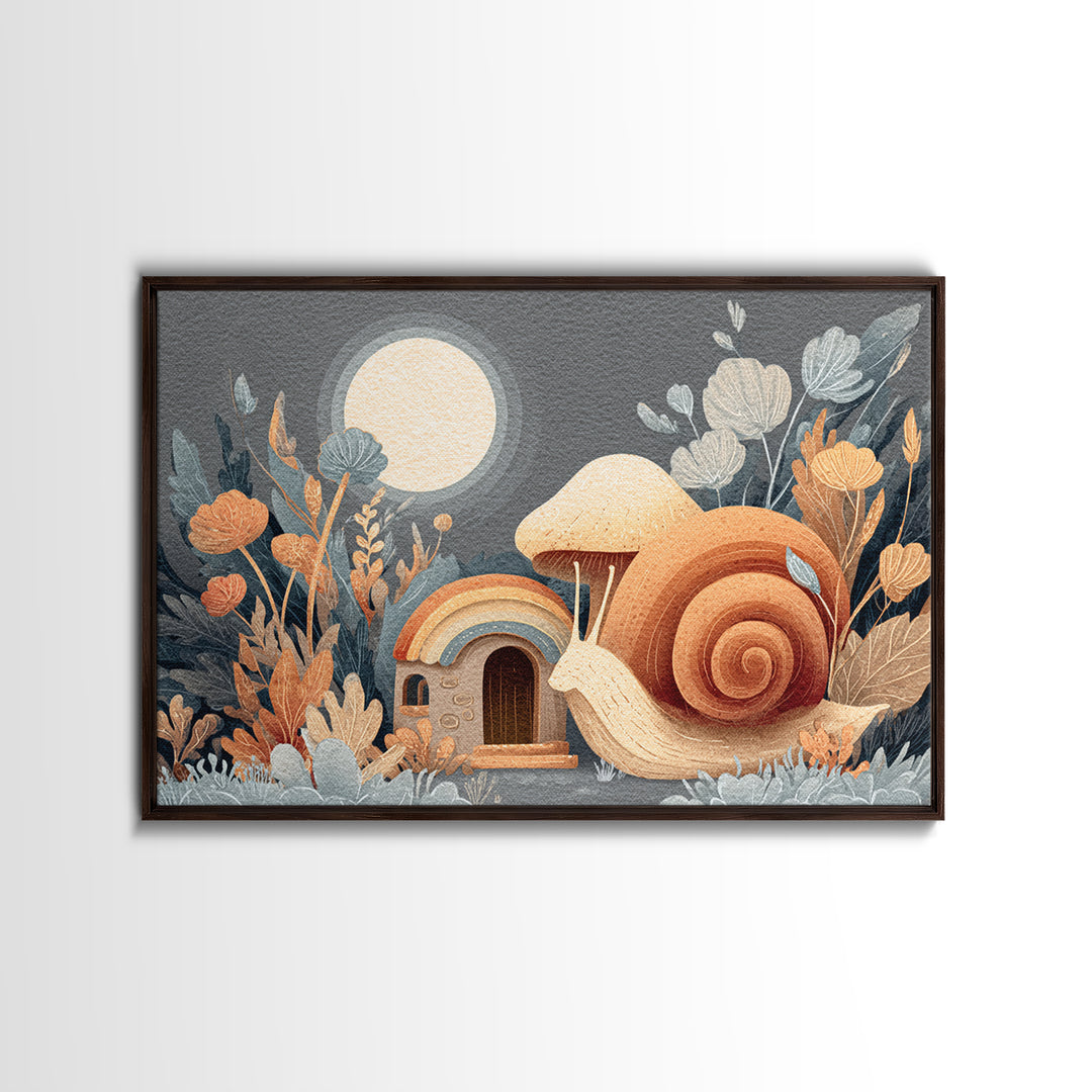 Garden Snail with Mushroom House Framed Canvas Print, Nursery Decor, Nursery, Fine Art, Nursery, Baby Girl Nursery Decor, NDE-3x2-99