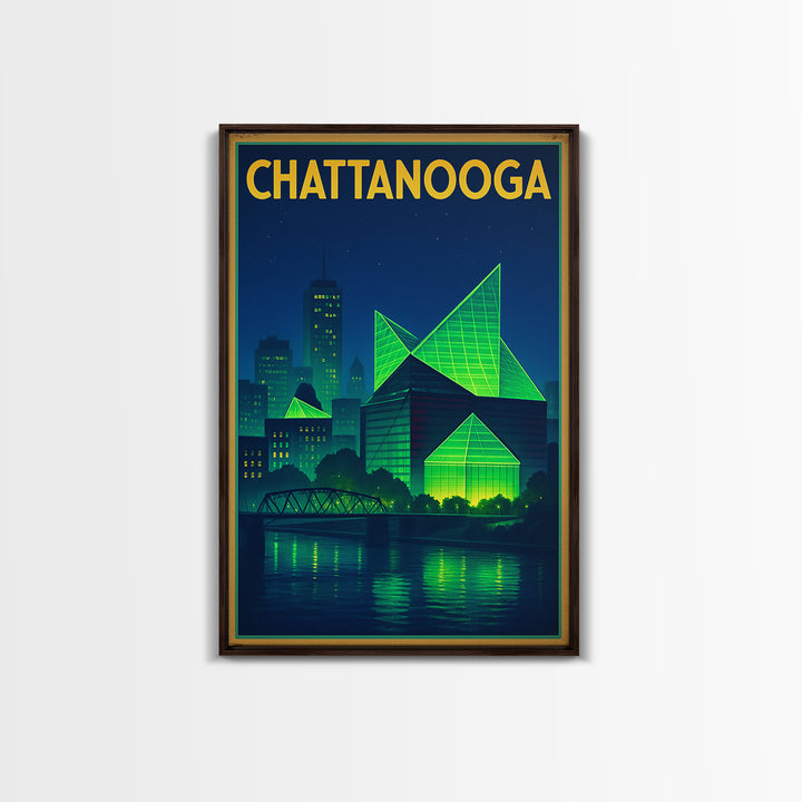 Chattanooga Travel Poster, Framed Canvas Print, Retro Neon Travel Art, Chattanooga City Art, Travel Wall Art, City Illustration