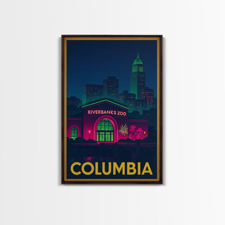 Columbia Travel Poster, Framed Canvas Print, Electric Night Poster Art, Columbia Travel Art, Travel Wall Decor, City Illustration