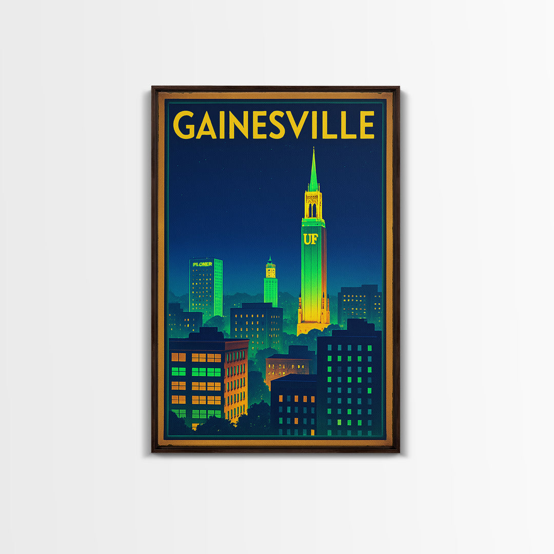 Gainesville Travel Poster, Canvas Print, Electric Night Poster Art, Gainesville Travel Art, Travel Wall Art, Watercolor Urban Skyline
