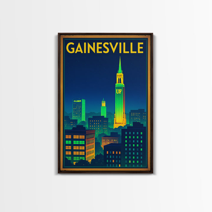 Gainesville Travel Poster, Canvas Print, Electric Night Poster Art, Gainesville Travel Art, Travel Wall Art, Watercolor Urban Skyline