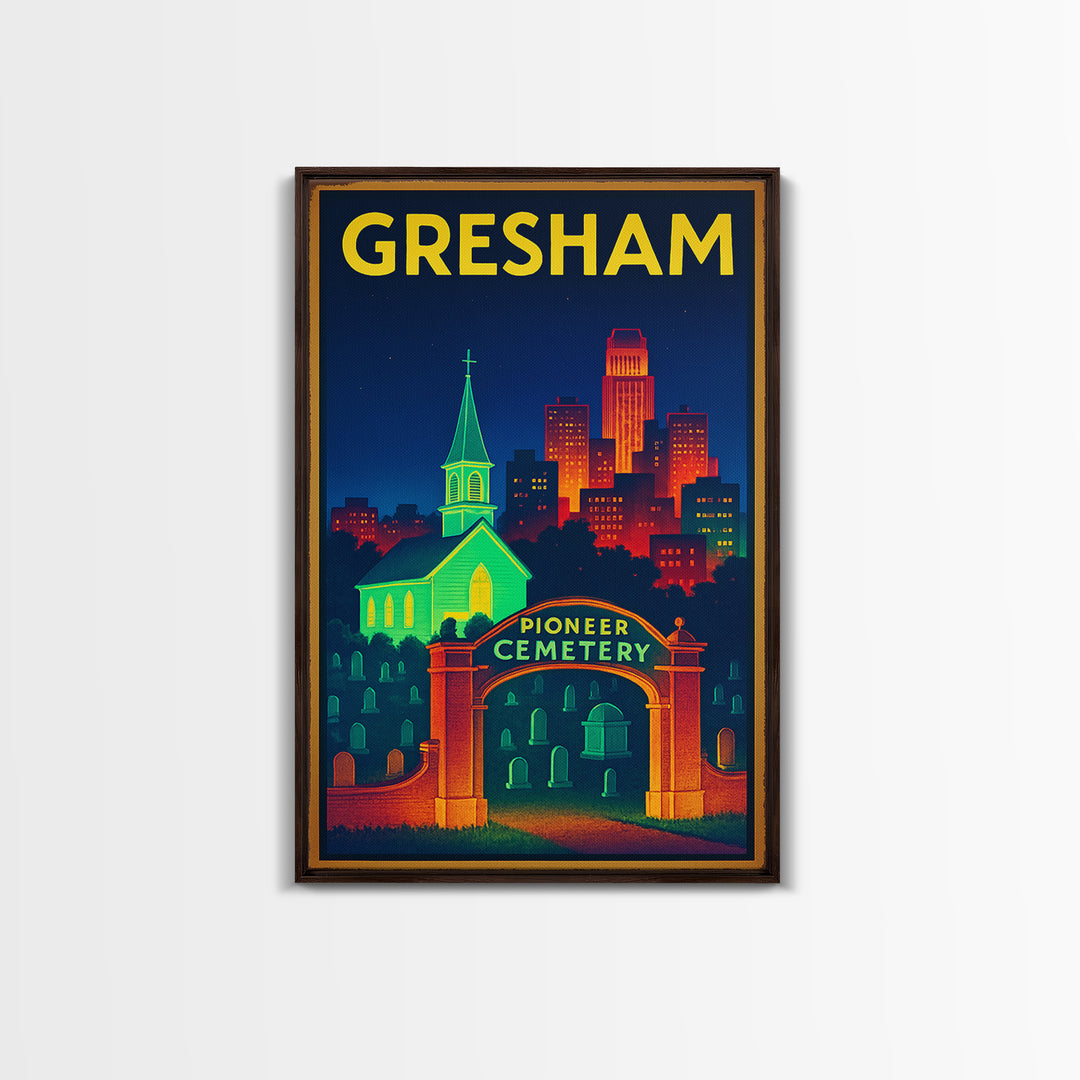 Gresham Travel Poster, Framed Canvas Print, Electric Night Poster Art, Gresham Poster Print, Vintage City Art, City Art Print, Design 2