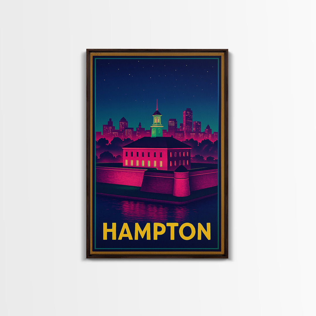 Hampton Virginia Travel Poster, Canvas Print, Retro Neon Travel Art, Hampton City Art, Travel Wall Art, Modern Wall Decor, Wall Art
