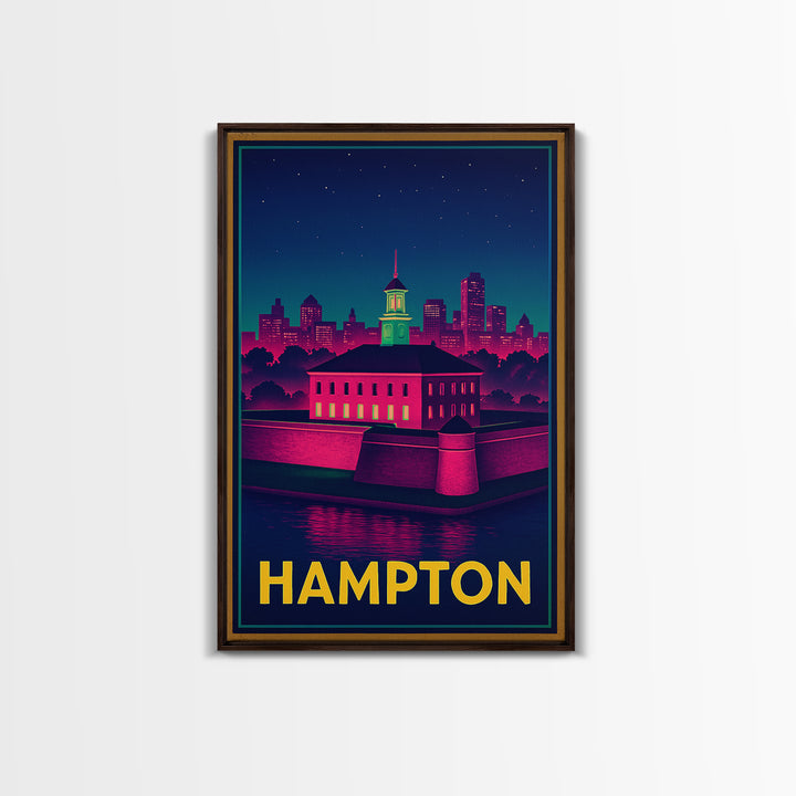 Hampton Virginia Travel Poster, Canvas Print, Retro Neon Travel Art, Hampton City Art, Travel Wall Art, Modern Wall Decor, Wall Art