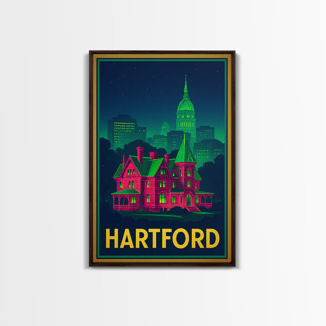 Hartford Connecticut Travel Poster, Canvas Print, Neon City Skyline Wall Art, Hartford Art Print, Wall Decor, Travel Art, Travel Print