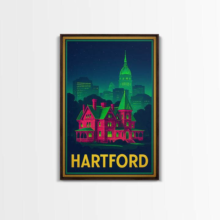 Hartford Connecticut Travel Poster, Canvas Print, Neon City Skyline Wall Art, Hartford Art Print, Wall Decor, Travel Art, Travel Print