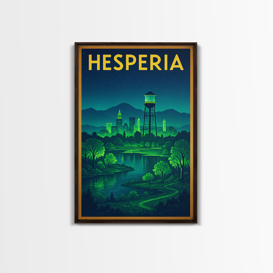 Hesperia Travel Poster, Framed Canvas Print, Electric Night Poster Art, Hesperia Travel Art, Vintage Travel Art, Living Room Wall Art