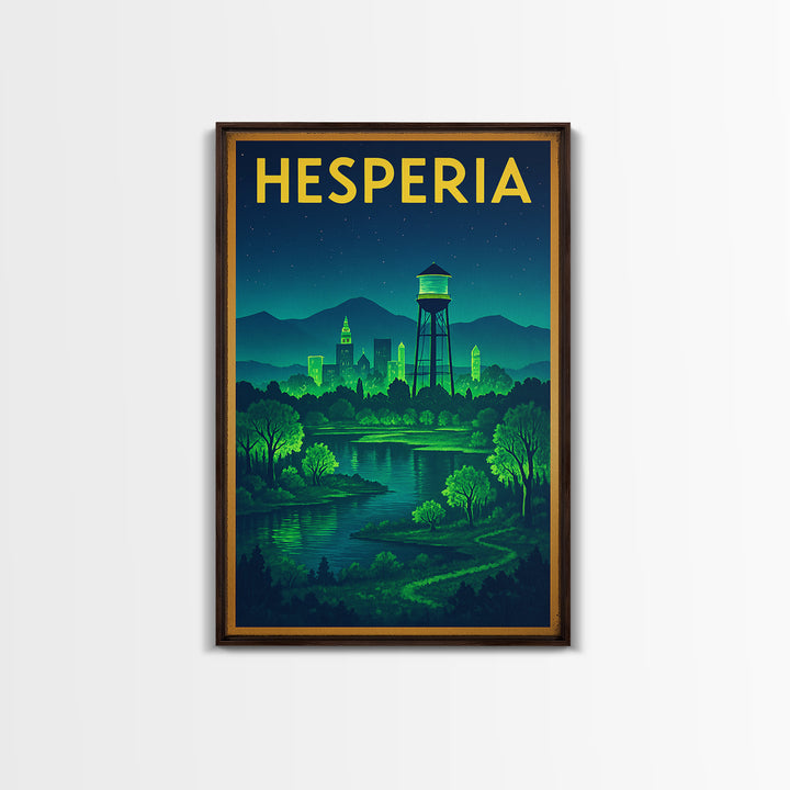Hesperia Travel Poster, Framed Canvas Print, Electric Night Poster Art, Hesperia Travel Art, Vintage Travel Art, Living Room Wall Art