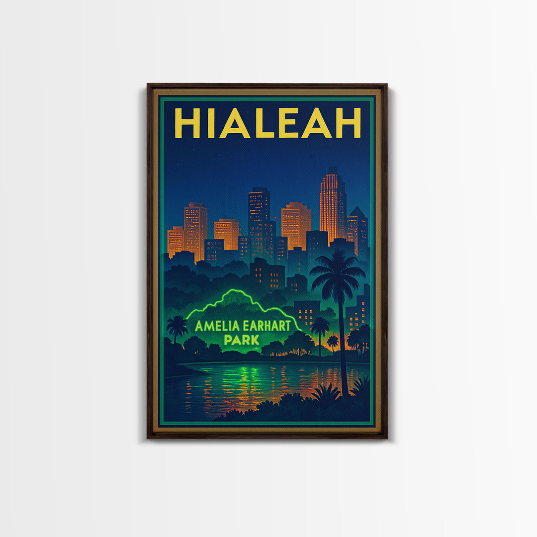 Hialeah Travel Poster, Canvas Print, Retro Neon Travel Art, Hialeah Wall Art, Wall Art, Watercolor Urban Skyline, Travel Art Print