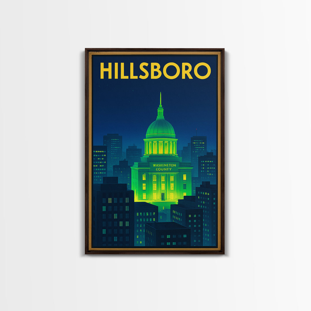 Hillsboro Travel Poster, Framed Canvas Print, Cyberpunk Style City Art, Hillsboro Travel Art, Vintage Travel Art, Fine Art Print