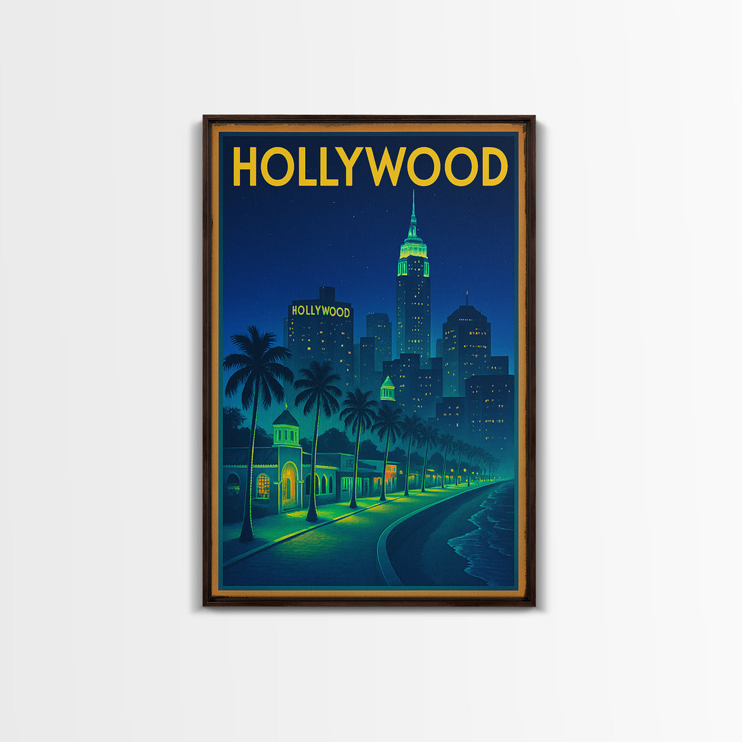 Hollywood Travel Poster, Canvas Print, Retro Neon Travel Art, Hollywood City Art, Travel Wall Art, Travel Wall Decor, City Art Print