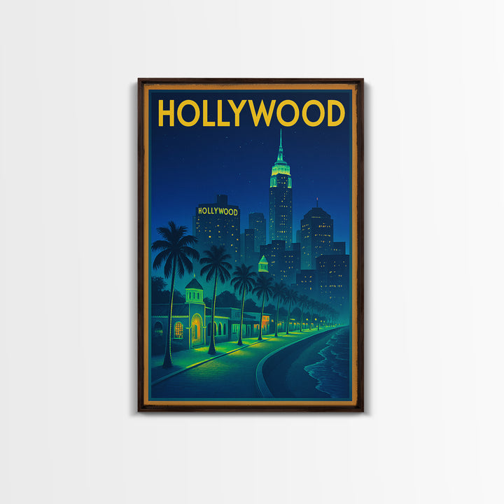 Hollywood Travel Poster, Canvas Print, Retro Neon Travel Art, Hollywood City Art, Travel Wall Art, Travel Wall Decor, City Art Print