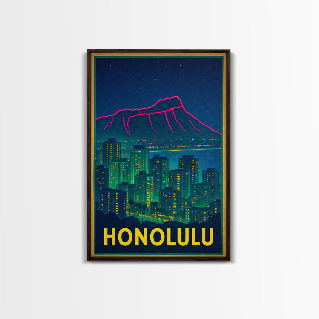 Honolulu Hawaii Travel Poster, Framed Canvas Print, Retro Neon Travel Art, Honolulu City Art, Living Room Wall Art, City Illustration