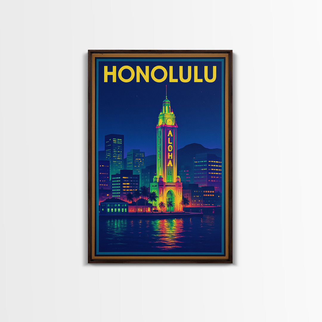 Honolulu Travel Poster, Framed Canvas Print, Neon Cityscape Wall Art, Honolulu Wall Art, City Illustration, Vintage City Art, Art Print