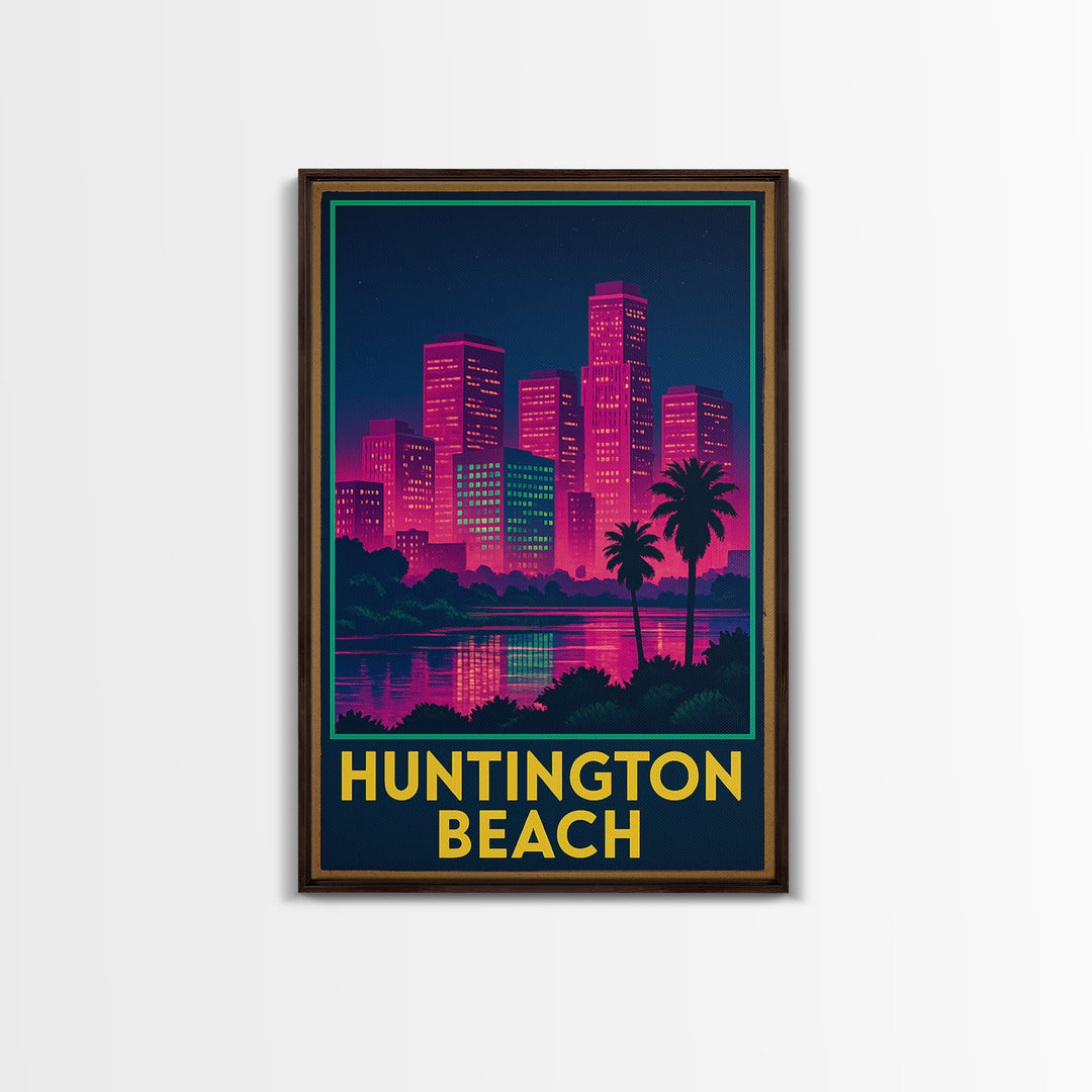 Huntington Beach California Travel Poster, Canvas Print, Electric Night Poster Art, Huntington Beach Travel Art, Office Decor