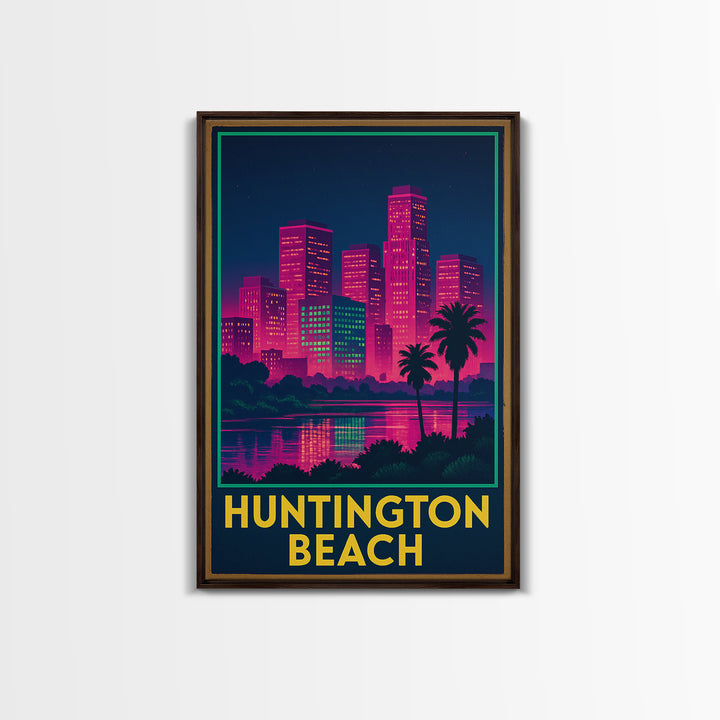 Huntington Beach California Travel Poster, Canvas Print, Electric Night Poster Art, Huntington Beach Travel Art, Office Decor