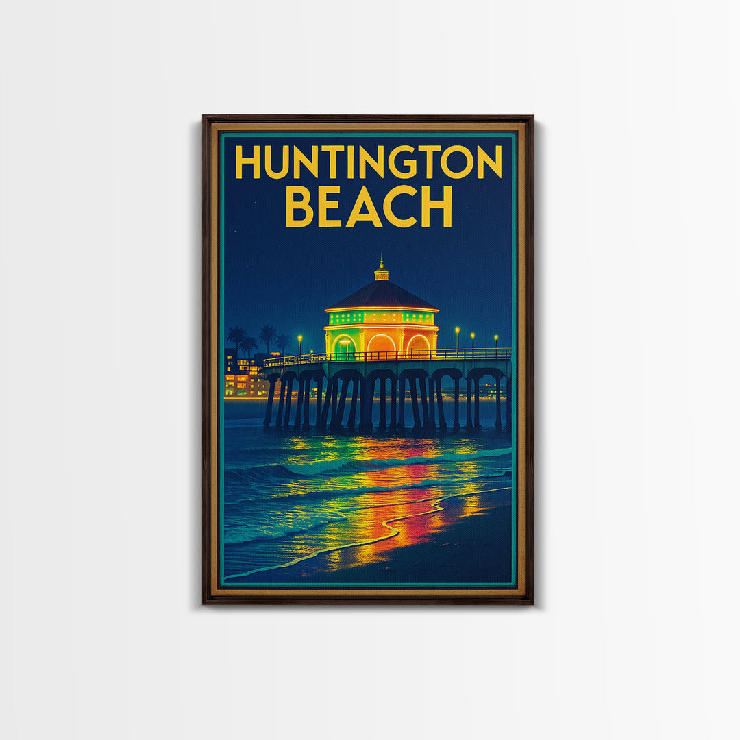 Huntington Beach Travel Poster, Framed Canvas Print, Neon City Skyline Wall Art, Huntington Beach Art Print, Vintage City Poster, Design 2