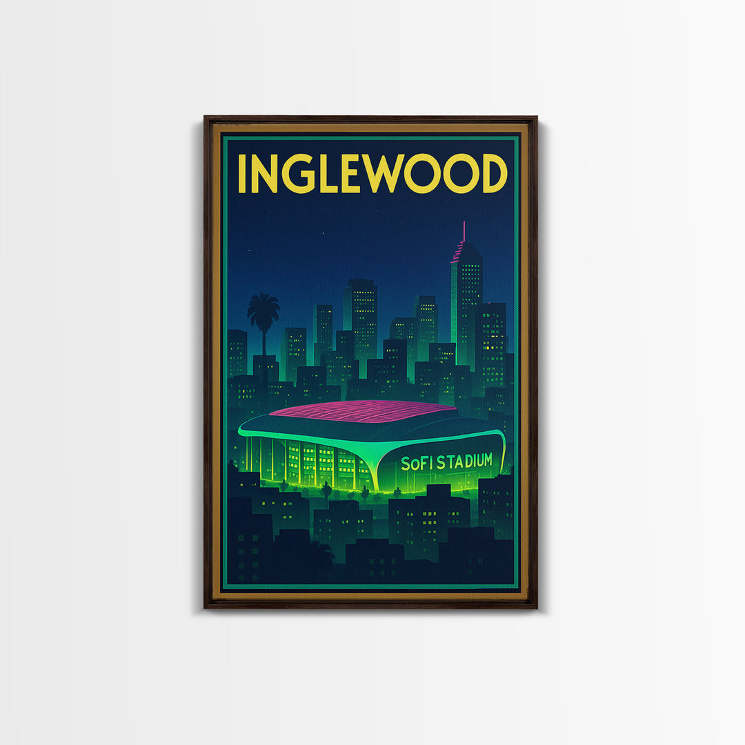 Inglewood Travel Poster, Framed Canvas Print, Cyberpunk Style City Art, Inglewood Travel Art, Vintage City Poster, Vintage Travel Art